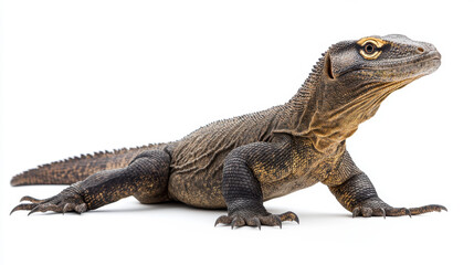 Obraz premium Detailed close-up of a monitor lizard on a white background, showcasing its textured skin and intense gaze.