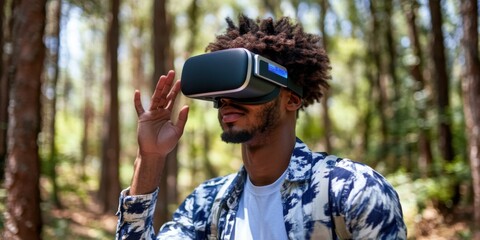 Man Experiencing Virtual Reality in a Lush Forest Setting: A Technological Immersion in Nature