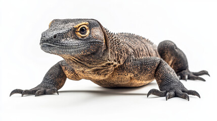 Obraz premium Close-up of a Komodo dragon on a white background, highlighting its detailed scales and intense gaze.