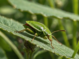Fototapeta premium Green Insect Crawls on a Lush Green Leaf