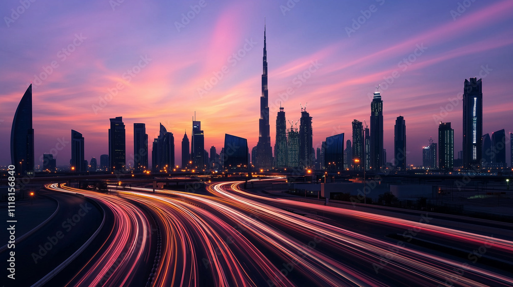 Poster a sunset view of a smart city with subtle light trails representing invisible data communication wea