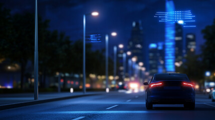Naklejka premium A smart urban environment showcasing glowing data transfers between IoT-enabled lampposts, vehicles, and high-tech skyscrapers