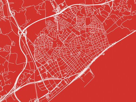 Christmas Map of Mataro, Spain in Snowy White on Festive Red Background.