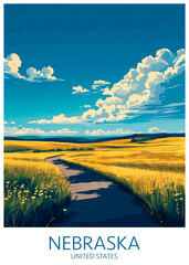 Nebraska Poster Illustration Travel Print Decor Gift Paper Canvas Wall Retro Art