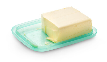 Butter on butterdish isolated on white