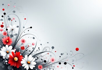 Ein elegantes Design mit weißen und roten Blumen, umgeben von abstrakten grauen und schwarzen Ornamenten auf grauem Hintergrund. Perfekt als Mockup für Einladungskarten oder Grußkarten. Generative KI.