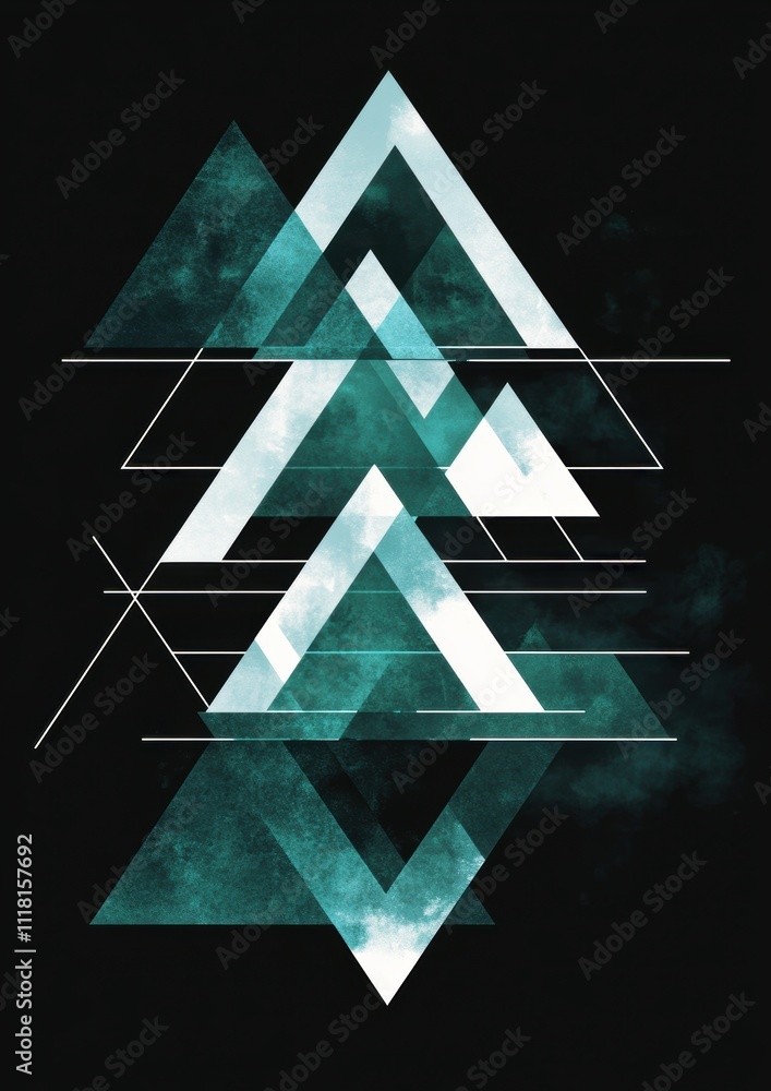 Poster a minimalist composition of overlapping triangles in shades of teal and white, arranged to form an a