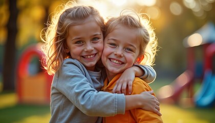 Two happy girls hug outdoors. Smile, look at camera. Wear casual clothes. Sunny day in park. Kids look happy, playful. Family bonding moment. Joyful sisters best friends in park. Outdoor fun.
