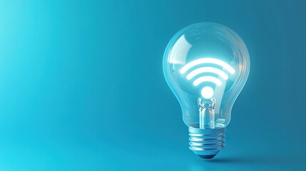 Innovative wifi concept. Lightbulb with wireless signal inside, glowing on blue background.  Perfect for technology, connection, and ideas.
