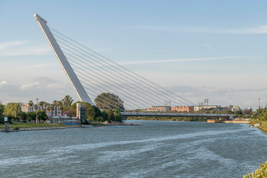 The Alamillo Bridge over the Guadalquivir River, near the center of Seville, Spain