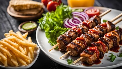 Delicious Grilled Skewers with a Side of Fries