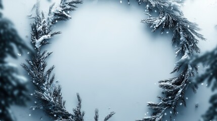 Snowy pine wreath with soft blue background and copy space, christmas card