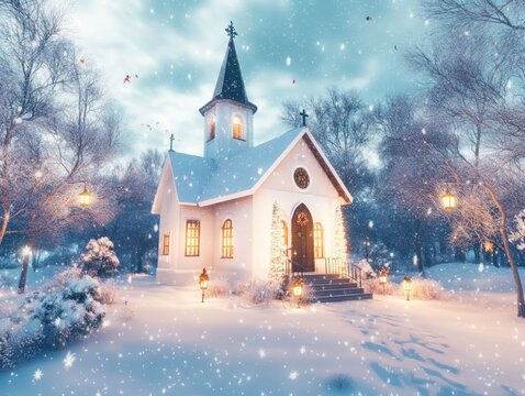 Snowy winter church scene at night with warm lights.