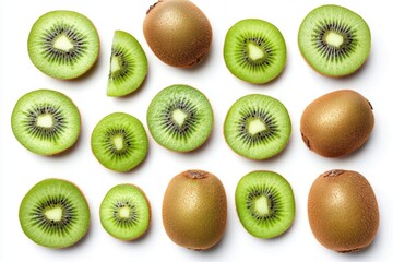 Fototapeta premium Set of fresh kiwis displayed in various forms whole, halved and sliced