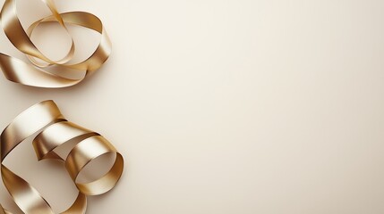 Golden ribbon with curls on a beige background, ideal for a minimalist christmas card