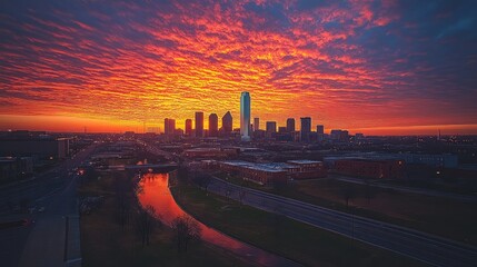 A vibrant sunset over a city skyline, reflecting colors in the sky and water.