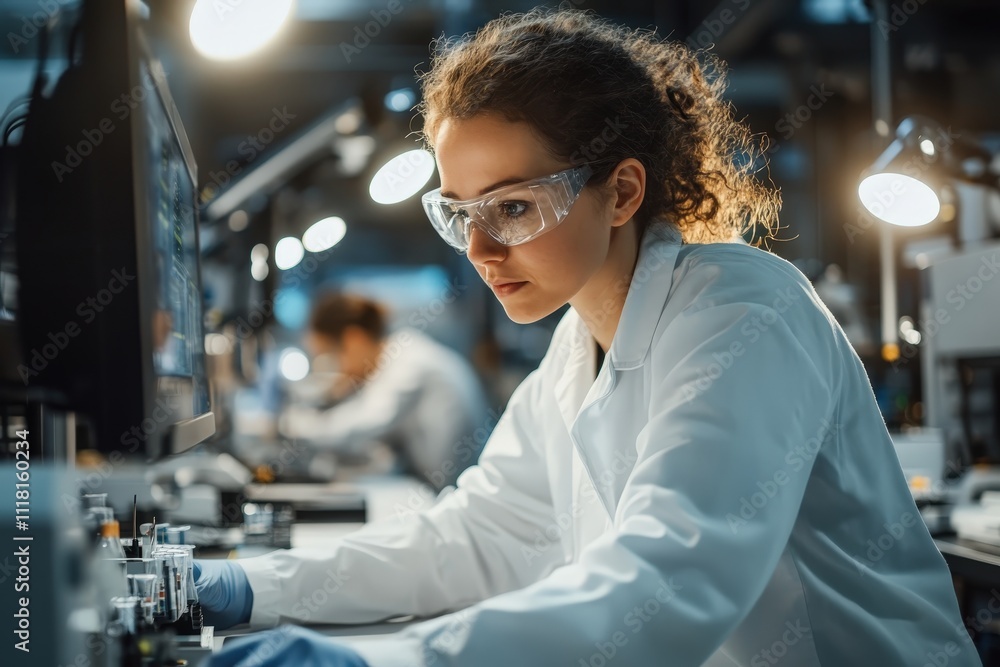 Poster dynamic innovation in lab environment featuring scientists working with advanced technology and equi