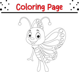 Cute and happy Butterfly coloring page for kids. Black and white Moth coloring book page.