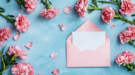 A pink envelope with a white blank card and carnations on a pastel background, top view. Mother's Day concep