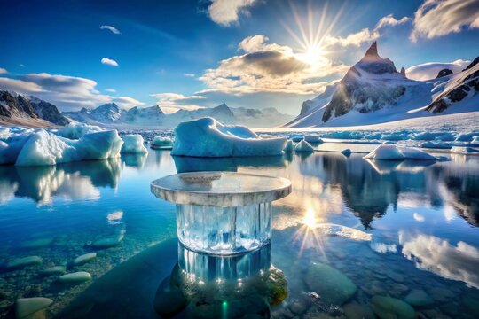Ice background podium cold winter snow product platform floor frozen mountain iceberg. Podium glaci
