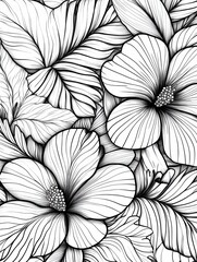 Fototapeta premium coloring page of hibiscus flowers and tropical leaves