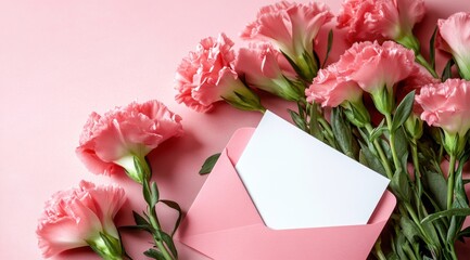 Fototapeta premium A pink envelope with a white blank card and carnations on a pastel background, top view. Mother's Day concept