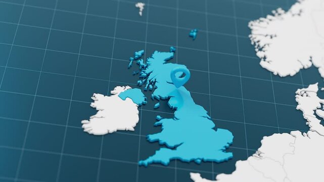 Highlight with blue of UK 3d map with pointer pin surrounded with other countries in white. Europe political map with borders animation. 3d render