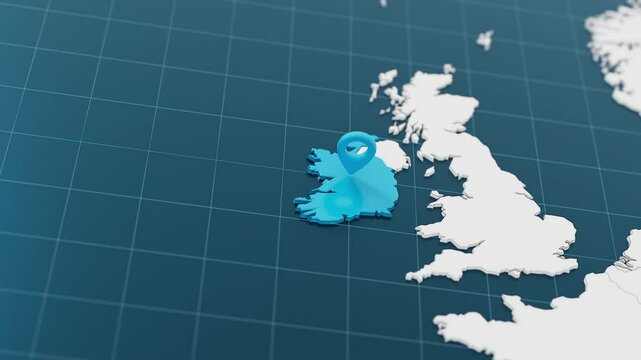 Highlight with blue of Ireland 3d map with pointer pin surrounded with other countries in white. Europe political map with borders animation. 3d render
