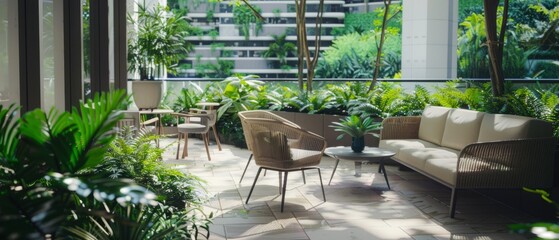Fototapeta premium A lush urban patio adorned with greenery, inviting outdoor seats, and dappled sunlight through leaves.