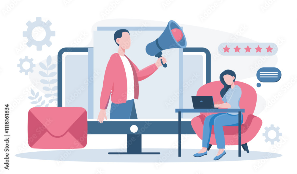 Poster interaction with customer online. woman with laptop sits near man with loudspeaker. promotion of com
