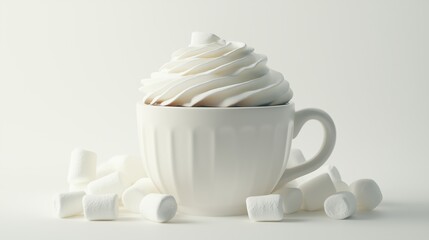 White cup with whipped cream and scattered marshmallows on plain background