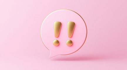 A pink speech bubble with two golden exclamation marks, set against a soft pastel background