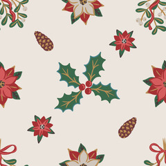 Seamless pattern of hand drawn Christmas motifs including poinsettias, holly leaves with berries, mistletoe bunches tied with bows, and pinecones on beige background. Festive vector Xmas design