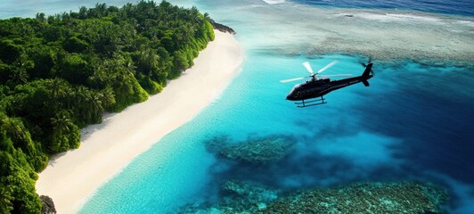 Aerial View of Helicopter over Tropical Island Paradise
