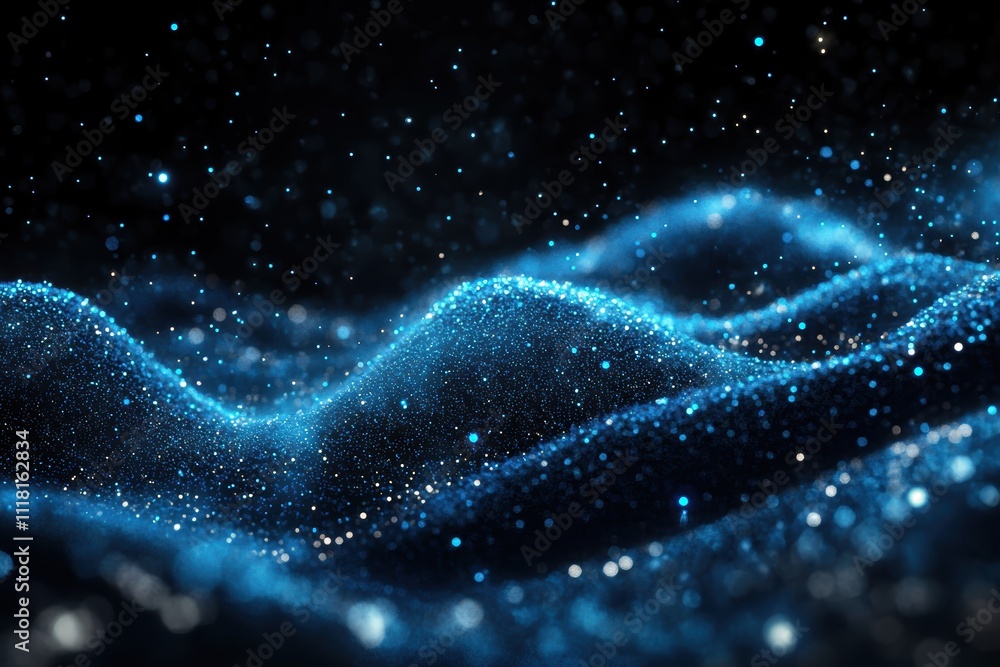 Poster a dynamic wave like structure of countless small glowing blue particles on a dark background