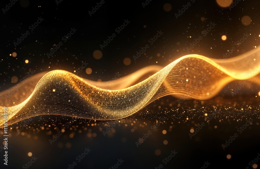 Poster Abstract wavy gold design on dark background. Shiny gold particles form dynamic wave. Modern tech style. Ideal for tech presentations. Elegant style. Excellent for business presentations. Use for