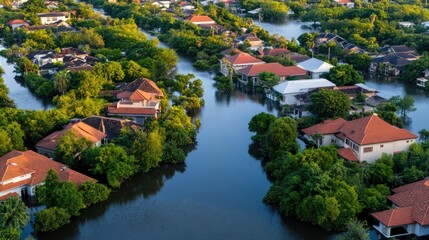 High above a village, floodwaters engulf homes as storm clouds loom ominously above during the summer season