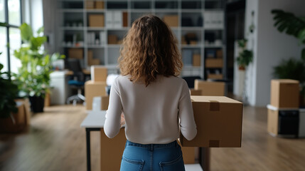 Rear view of a woman placing her belongings on her desk, surrounded by minimalistic office decor and blurred colleagues, signifying her first steps in a new work environment