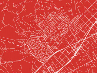 Christmas Map of Viladecans, Spain in Snowy White on Festive Red Background.