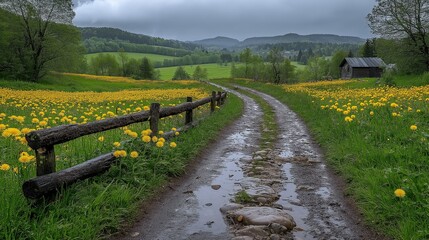 Fototapeta premium Scenic rural path with blooming dandelions.