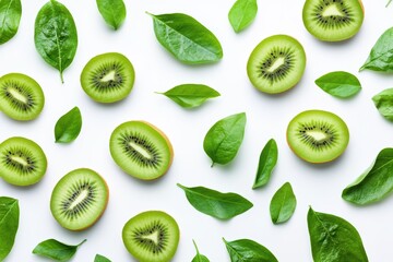 Fototapeta premium Green kiwi slices and green leaves scattered across a clean white background