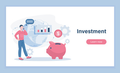 Investment landing page. Man near charts and piggy bank. Financial literacy and passive income. Trader and investor with statistics. Flat vector illustration