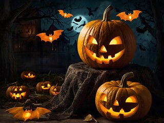 Illuminated Jack O Lanterns Bats Halloween Night Scene