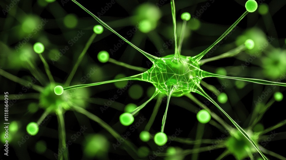 Poster exploring neural networks in green microscopic biology laboratory setting scientific visualization a