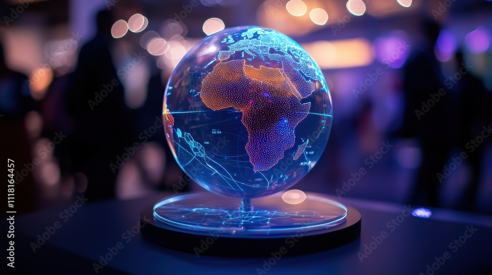 Poster exploring virtual geography interactive 3d globe model display modern exhibit space high-tech enviro