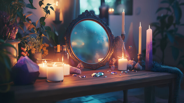 Enchanting scrying mirror setup with candles on wooden table surrounded by crystals for mystical and magical decor. Aether. Illustration