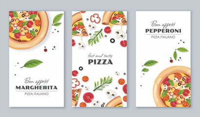 Italian pizza flyers set. Traditional italian cuisine. Fast food and takeaway eating. Dough with sausage and cheese. Brochure and booklet. Flat vector collection