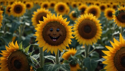Whimsical Cheer: A Smiley Sunflower Shines in a Field of Bright Blooms