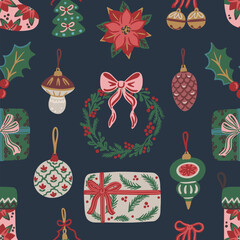 Seamless pattern of Christmas elements. Wreath, poinsettia, ornaments, holly, wrapped gifts and decorative stockings on dark background. Festive vector design for wrapping paper, textile, wallpaper