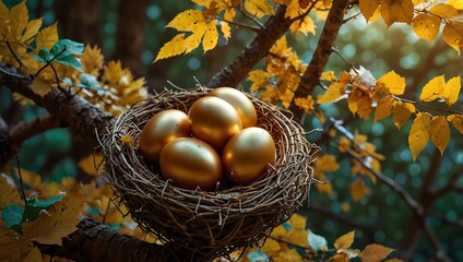 Golden Treasures: A Nest of Five Eggs Amidst Autumn's Embrace